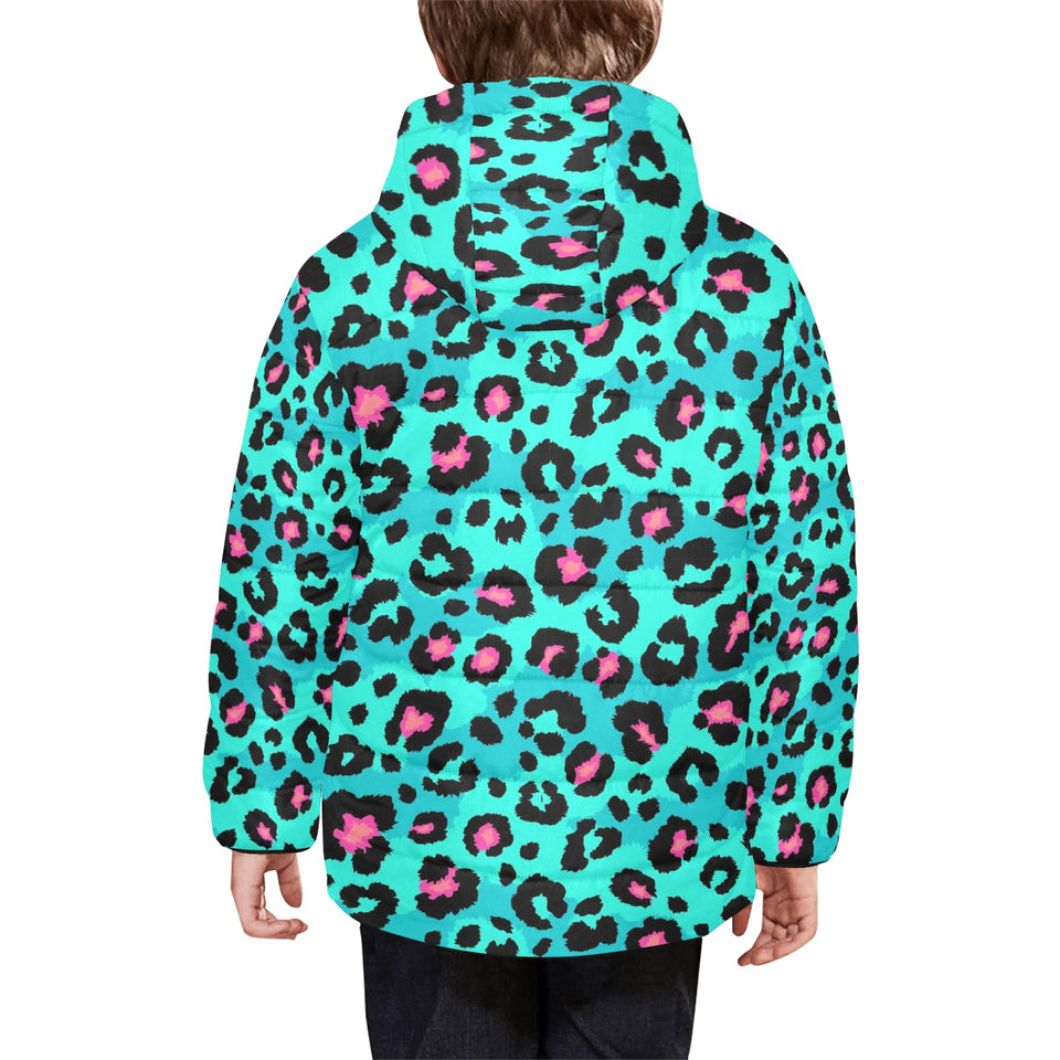 Green leopard skin print pattern Kids' Boys' Girls' Padded Hooded Jacket