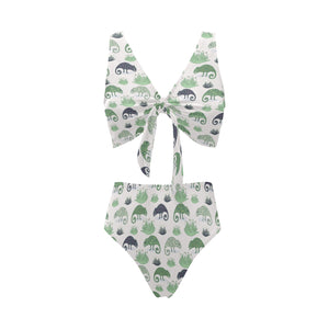 Chameleon lizard succulent plant pattern Chest Bowknot High Waisted Bikini Swimsuit