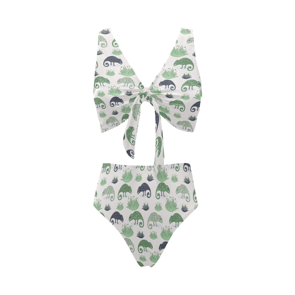 Chameleon lizard succulent plant pattern Chest Bowknot High Waisted Bikini Swimsuit