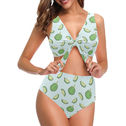 Durian pattern blue background Chest Bowknot High Waisted Bikini Swimsuit
