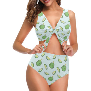 Durian pattern blue background Chest Bowknot High Waisted Bikini Swimsuit