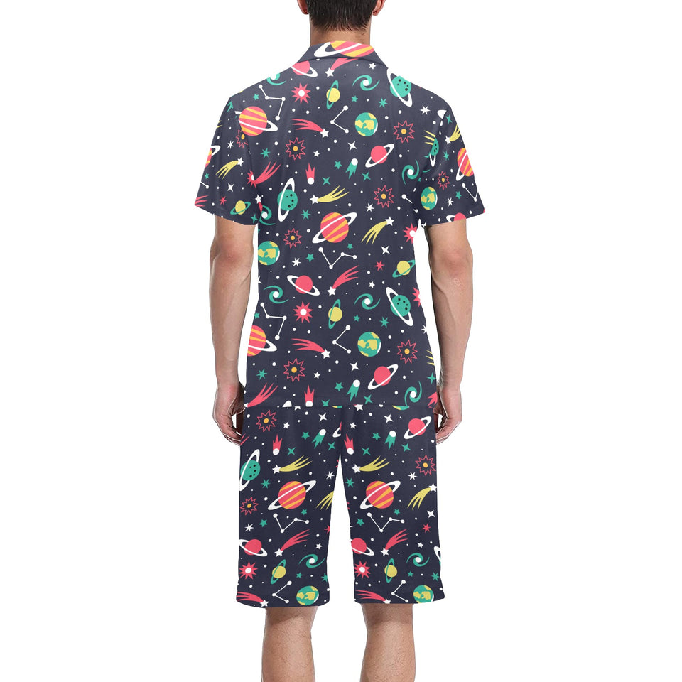 colorful space pattern planet star Men's V-Neck Short Pajama Set