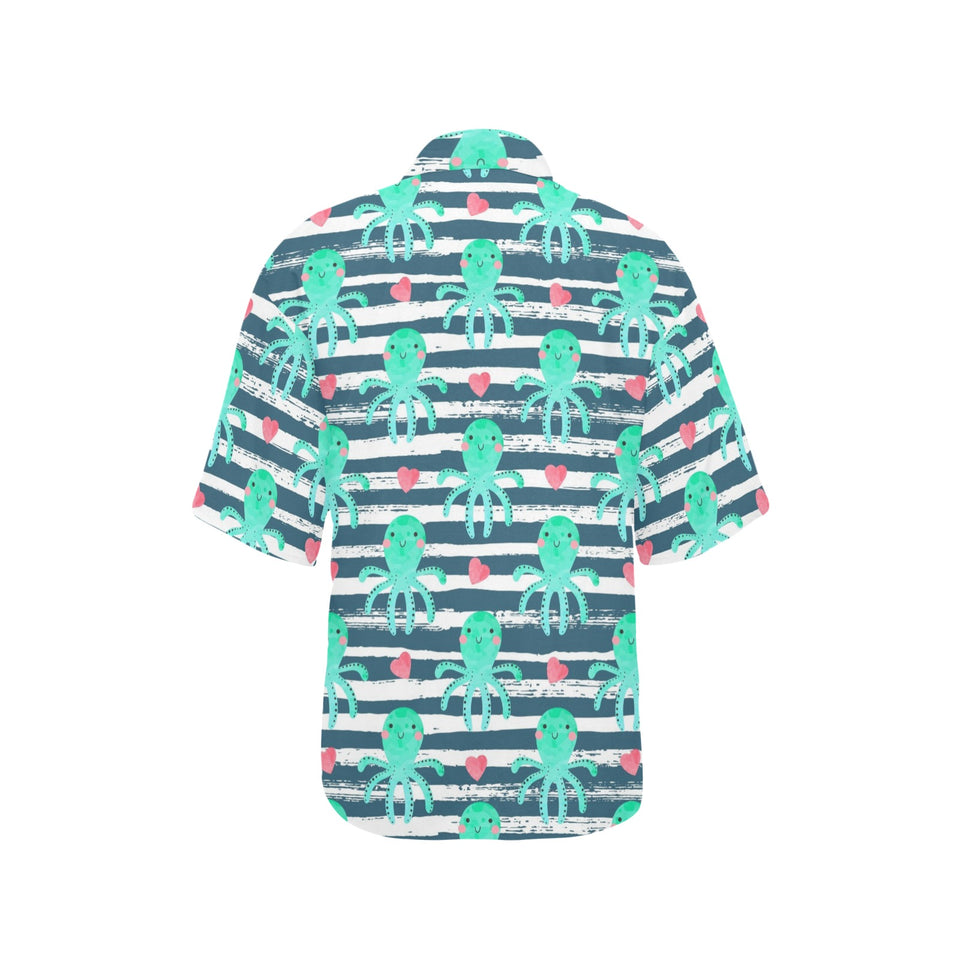 Cute octopuses heart striped background Women's All Over Print Hawaiian Shirt