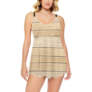 Wood Printed Pattern Print Design 01 Chest Sexy Pleated Two Piece Swim Dress