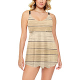 Wood Printed Pattern Print Design 01 Chest Sexy Pleated Two Piece Swim Dress