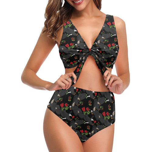 Eagle Pattern Print Design 04 Chest Bowknot High Waisted Bikini Swimsuit