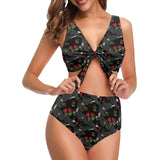 Eagle Pattern Print Design 04 Chest Bowknot High Waisted Bikini Swimsuit