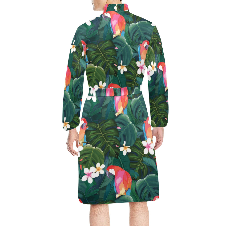 Parrot Palm tree leaves flower hibiscus pattern Men's Long Sleeve Belted Night Robe