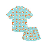 Fox pattern blue b ackground Kids' Boys' Girls' V-Neck Short Pajama Set