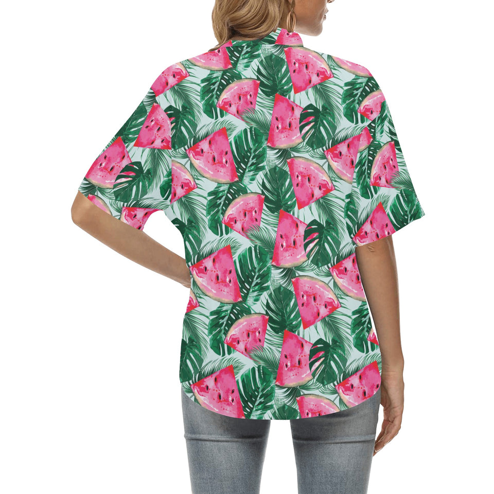Watermelons tropical palm leaves pattern Women's All Over Print Hawaiian Shirt