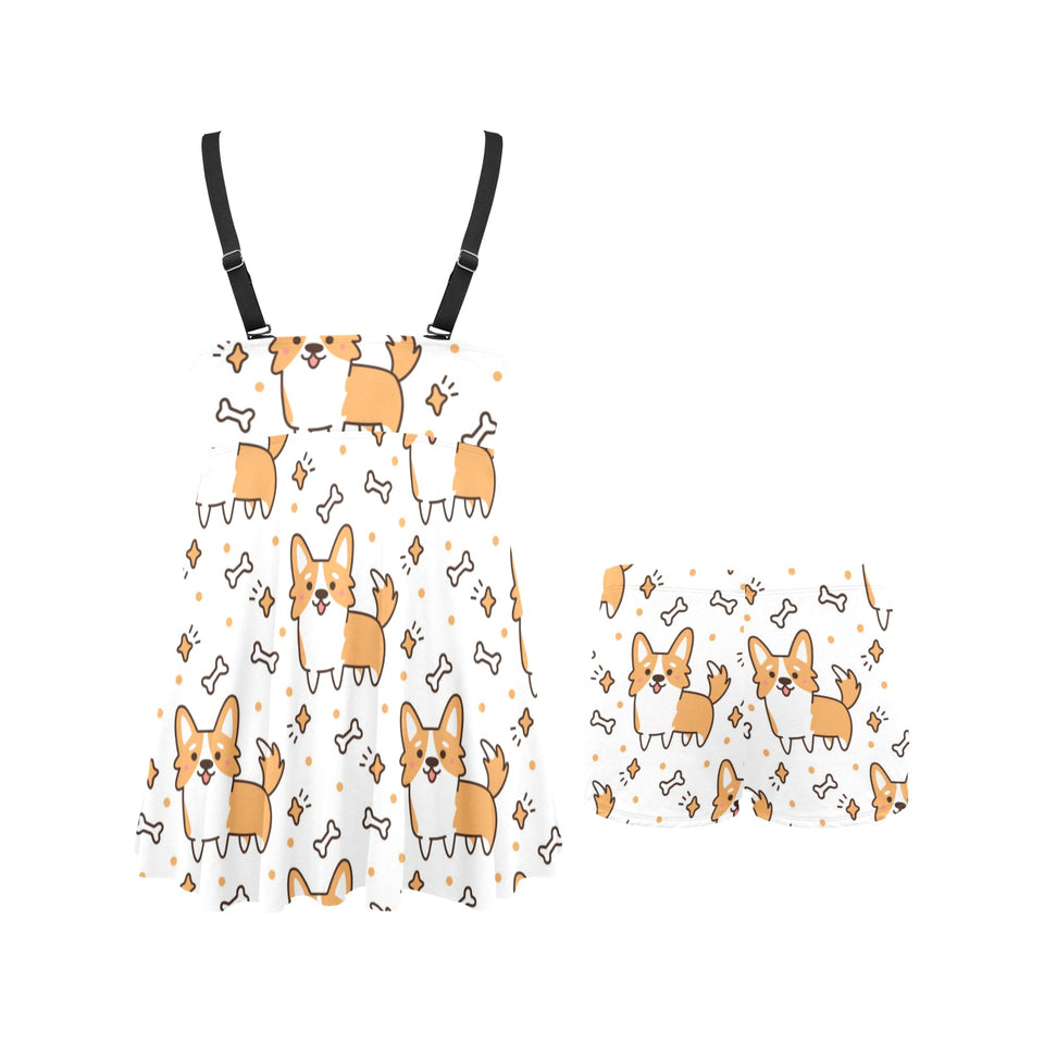 Cute corgi heart star bone pattern Chest Sexy Pleated Two Piece Swim Dress