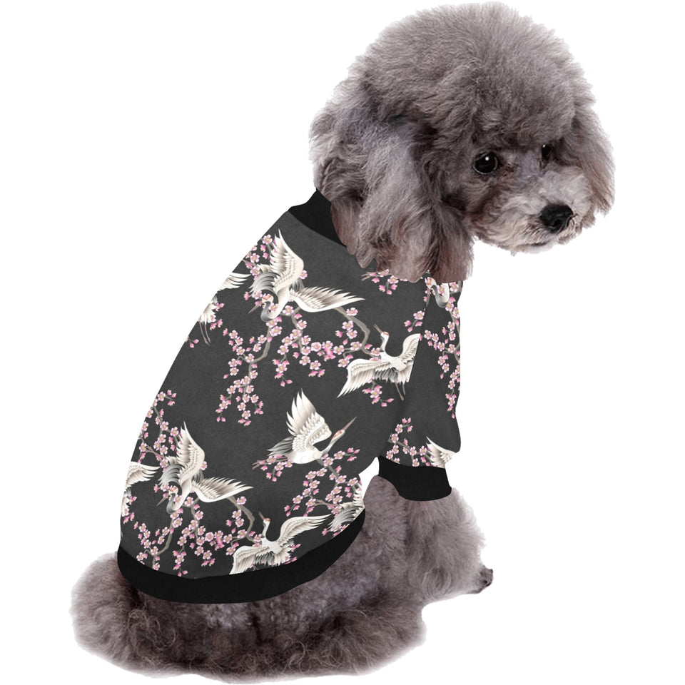 Japanese crane pink sakura pattern All Over Print Pet Dog Round Neck Fuzzy Shirt