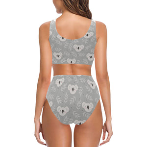 Cute koala leaves pattern Chest Bowknot High Waisted Bikini Swimsuit