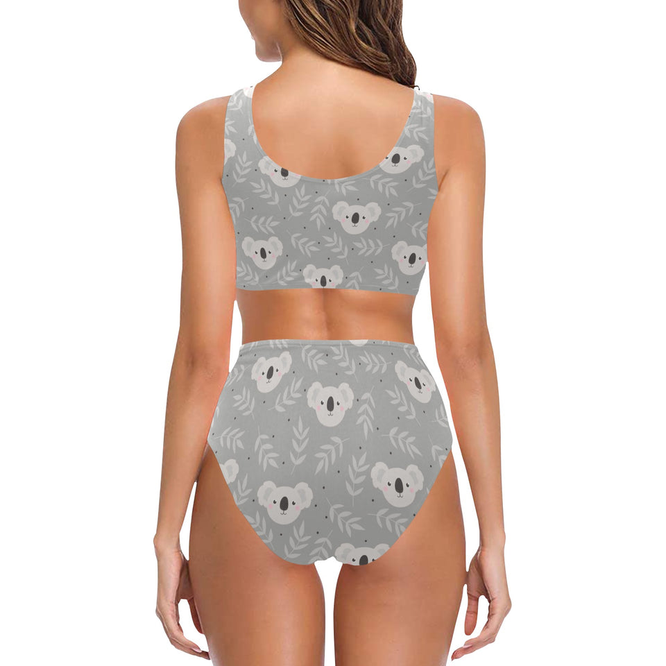 Cute koala leaves pattern Chest Bowknot High Waisted Bikini Swimsuit