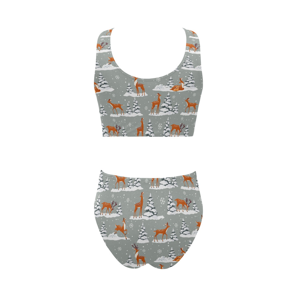 Beautiful deers Winter Christmas Chest Bowknot High Waisted Bikini Swimsuit