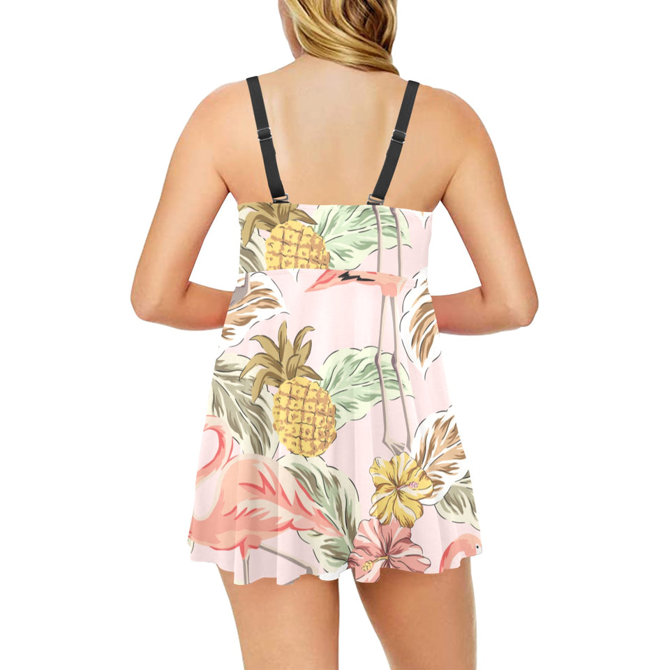 Pink flamingo birds pineapples hibiscus flower pat Chest Sexy Pleated Two Piece Swim Dress
