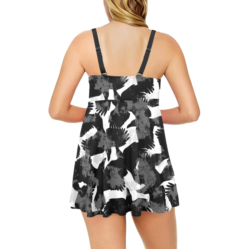 Crow illustration pattern Chest Sexy Pleated Two Piece Swim Dress