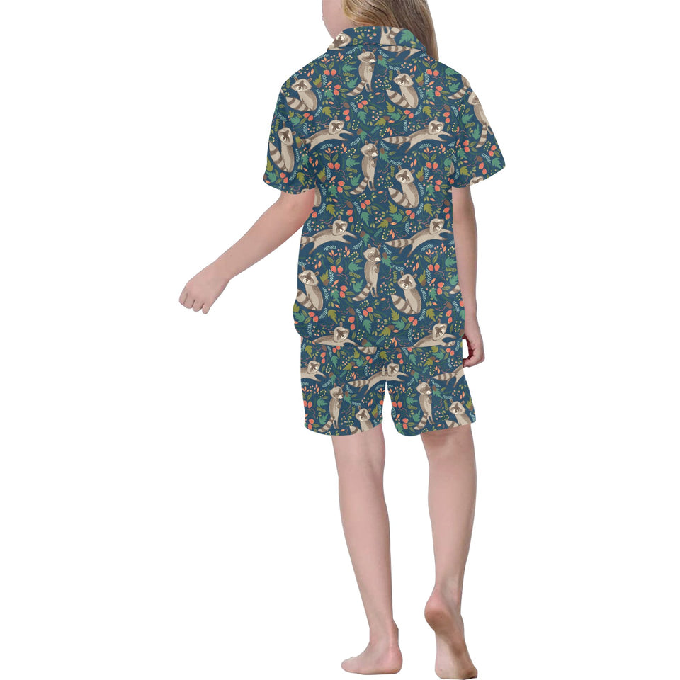 Raccoon tropical leaves pattern Kids' Boys' Girls' V-Neck Short Pajama Set