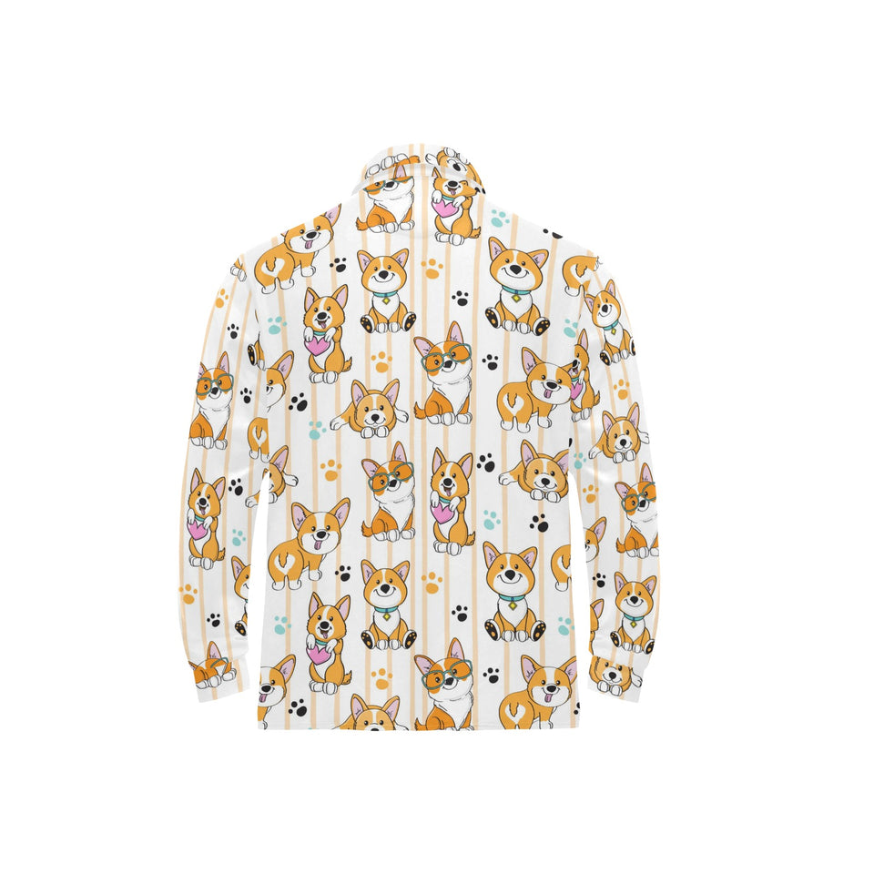 Cute dog corgi striped background pattern Men's Long Sleeve Polo Shirt