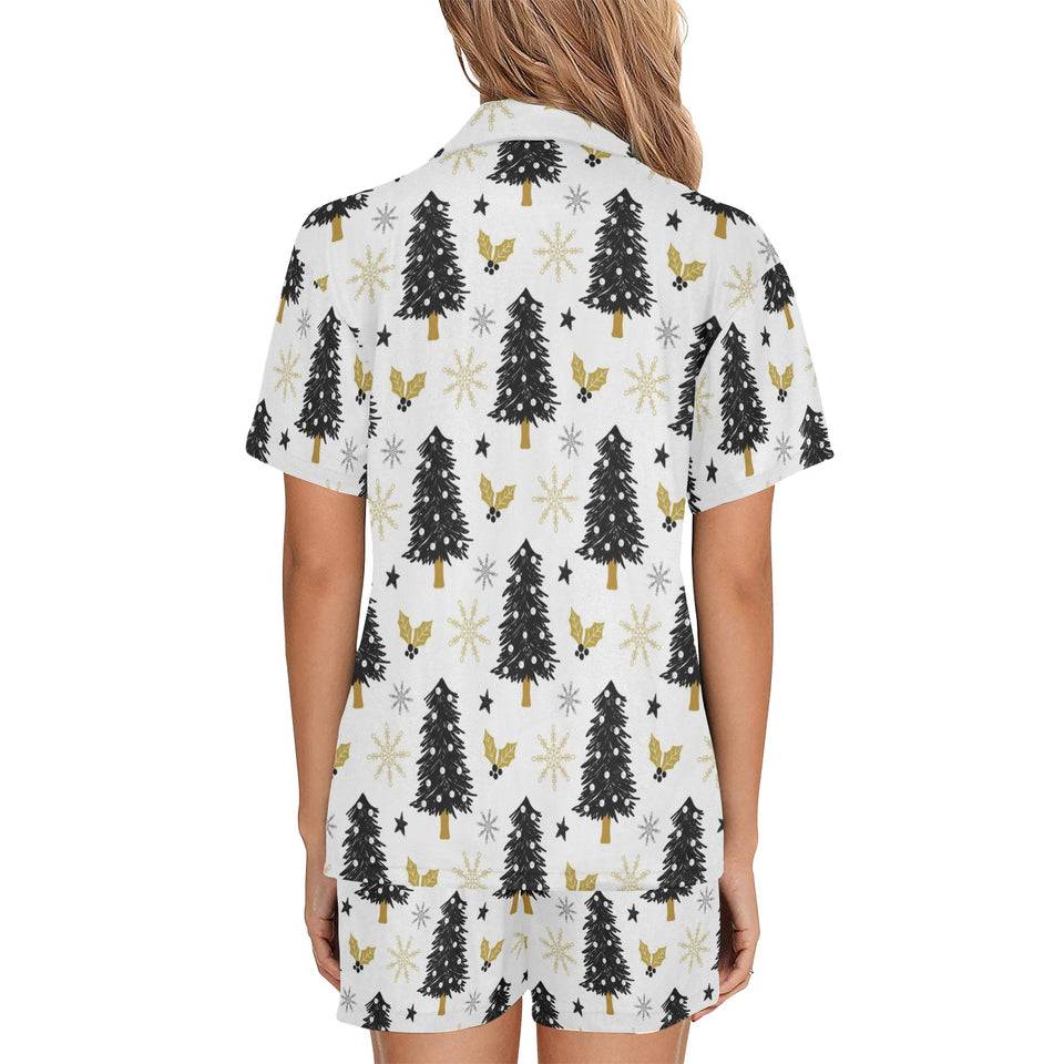 Christmas tree holly snow star pattern Women's V-Neck Short Pajama Set