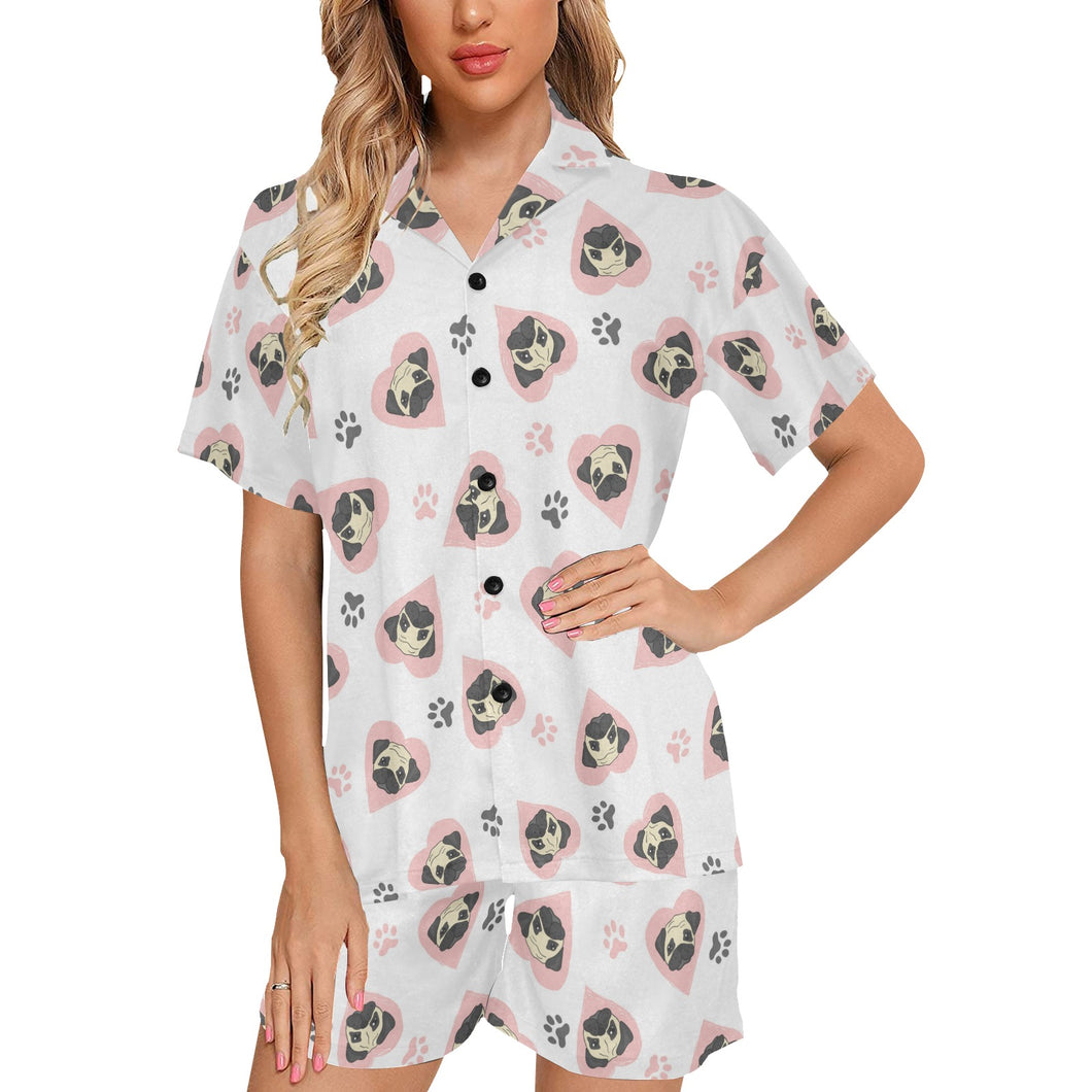 Cute pugs pink heart paw pattern Women's V-Neck Short Pajama Set