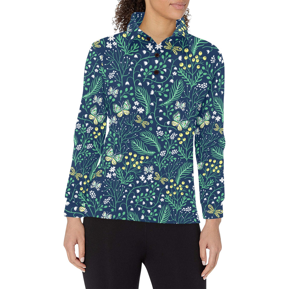butterfly leaves pattern Women's Long Sleeve Polo Shirt