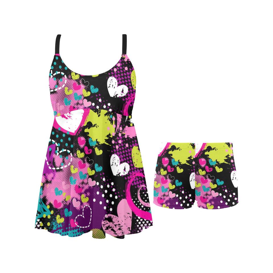 heart dot wave star creative design pattern Chest Sexy Pleated Two Piece Swim Dress