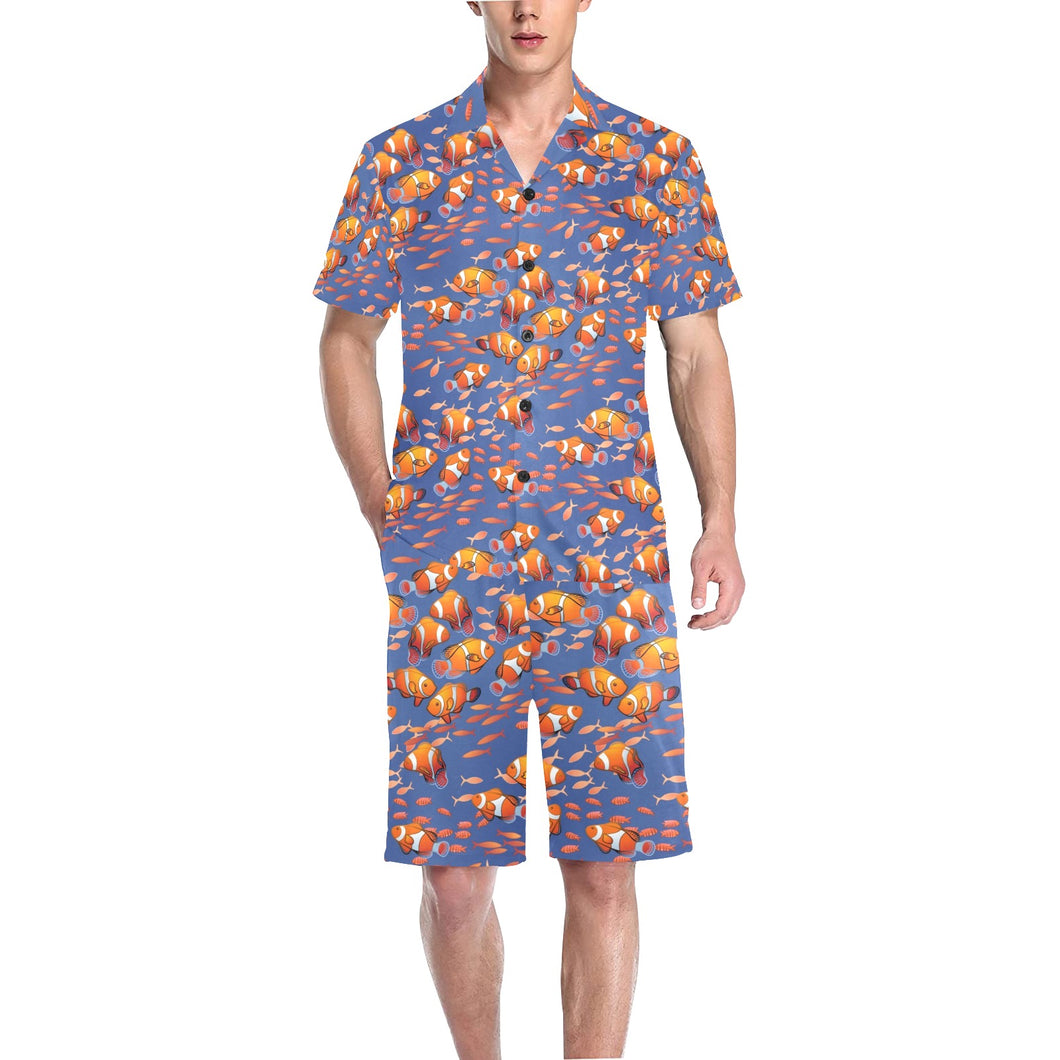 Clown Fish Pattern Print Design 04 Men's V-Neck Short Pajama Set