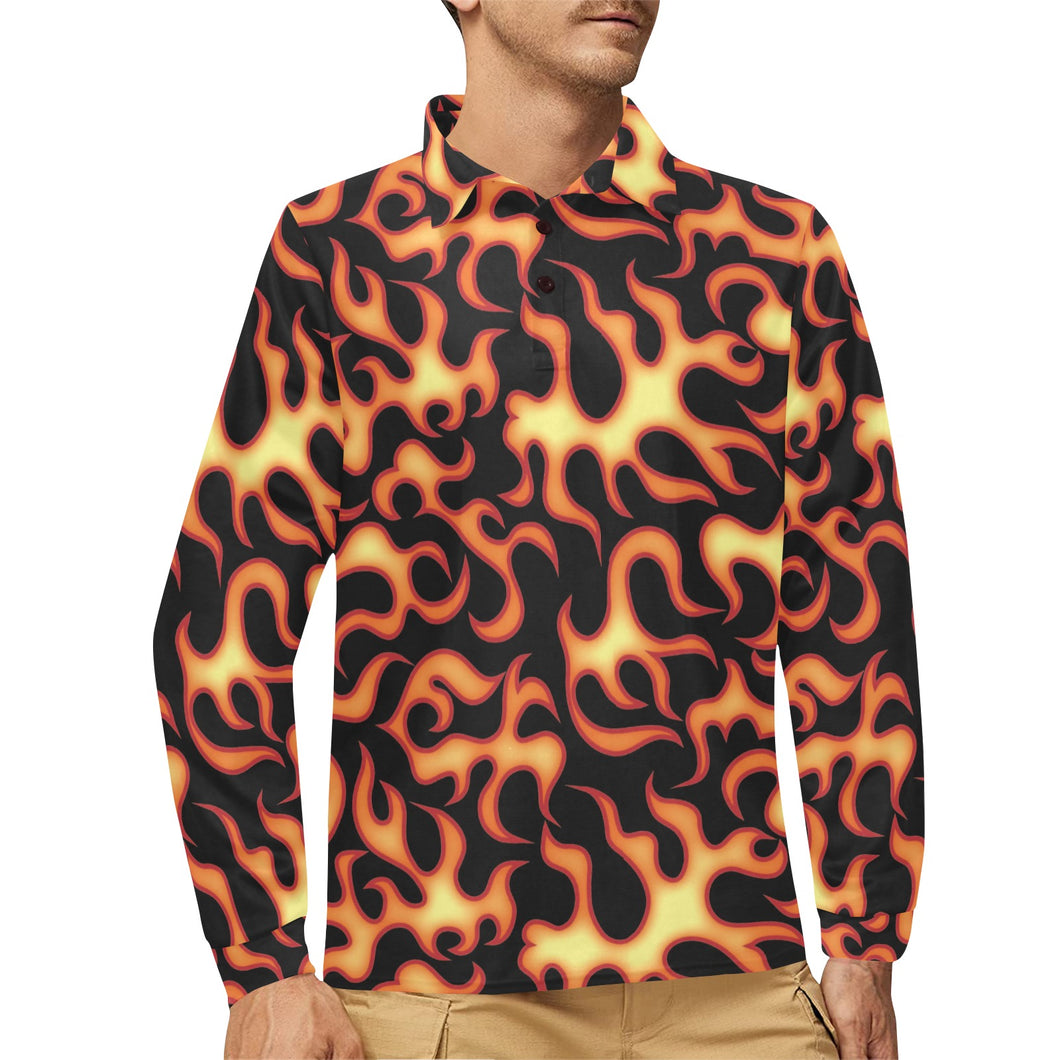 Fire flame dark pattern Men's Long Sleeve Polo Shirt