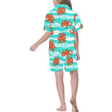 Octopuses sea wave background Kids' Boys' Girls' V-Neck Short Pajama Set