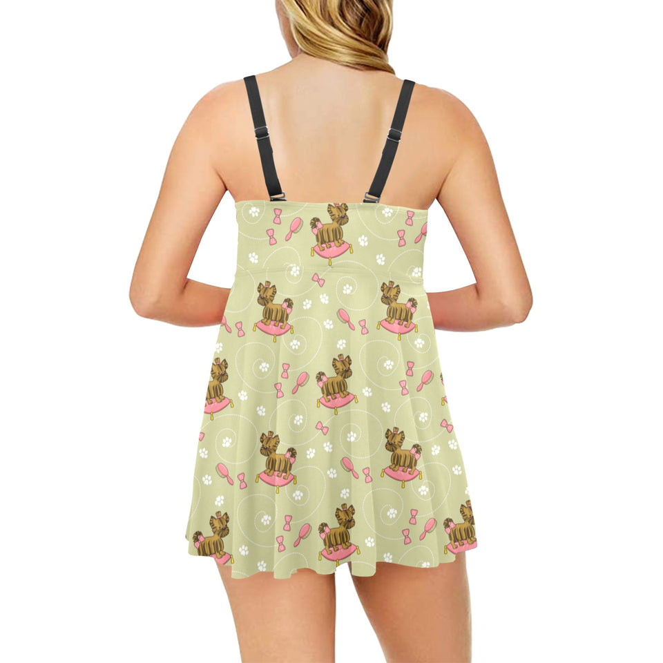 Yorkshire Terrier Pattern Print Design 01 Chest Sexy Pleated Two Piece Swim Dress
