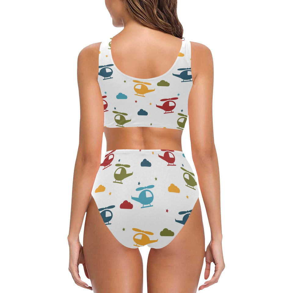 Colorful helicopter pattern Chest Bowknot High Waisted Bikini Swimsuit