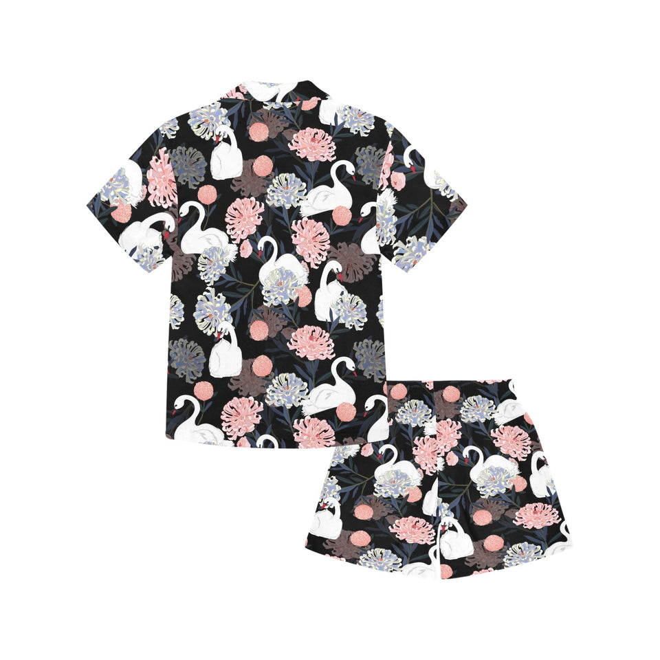 white swan blooming flower pattern Kids' Boys' Girls' V-Neck Short Pajama Set