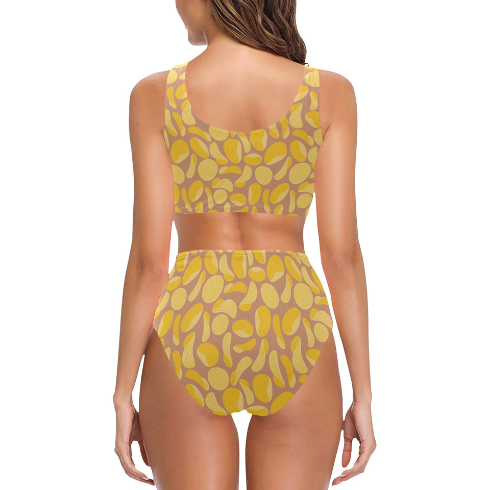 Potato Chips Pattern Print Design 01 Chest Bowknot High Waisted Bikini Swimsuit