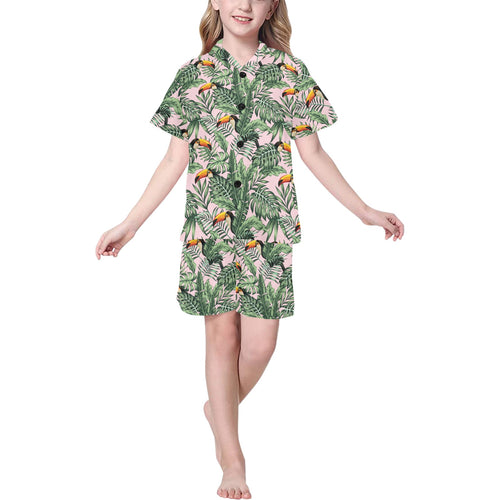 Toucan tropical green jungle palm pattern Kids' Boys' Girls' V-Neck Short Pajama Set