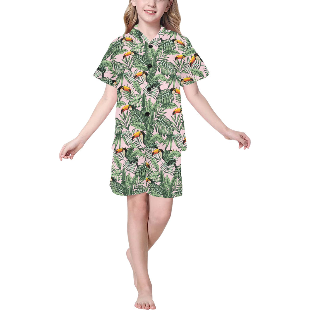 Toucan tropical green jungle palm pattern Kids' Boys' Girls' V-Neck Short Pajama Set