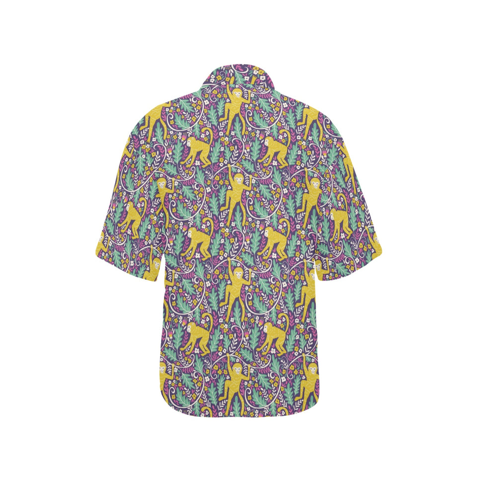 Cute yellow monkey leaves pattern Women's All Over Print Hawaiian Shirt