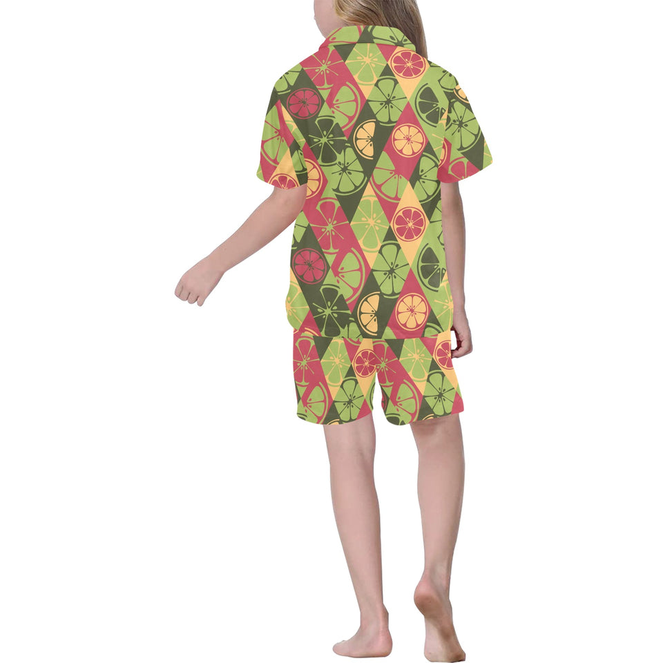 Cool Geometric lime pattern Kids' Boys' Girls' V-Neck Short Pajama Set