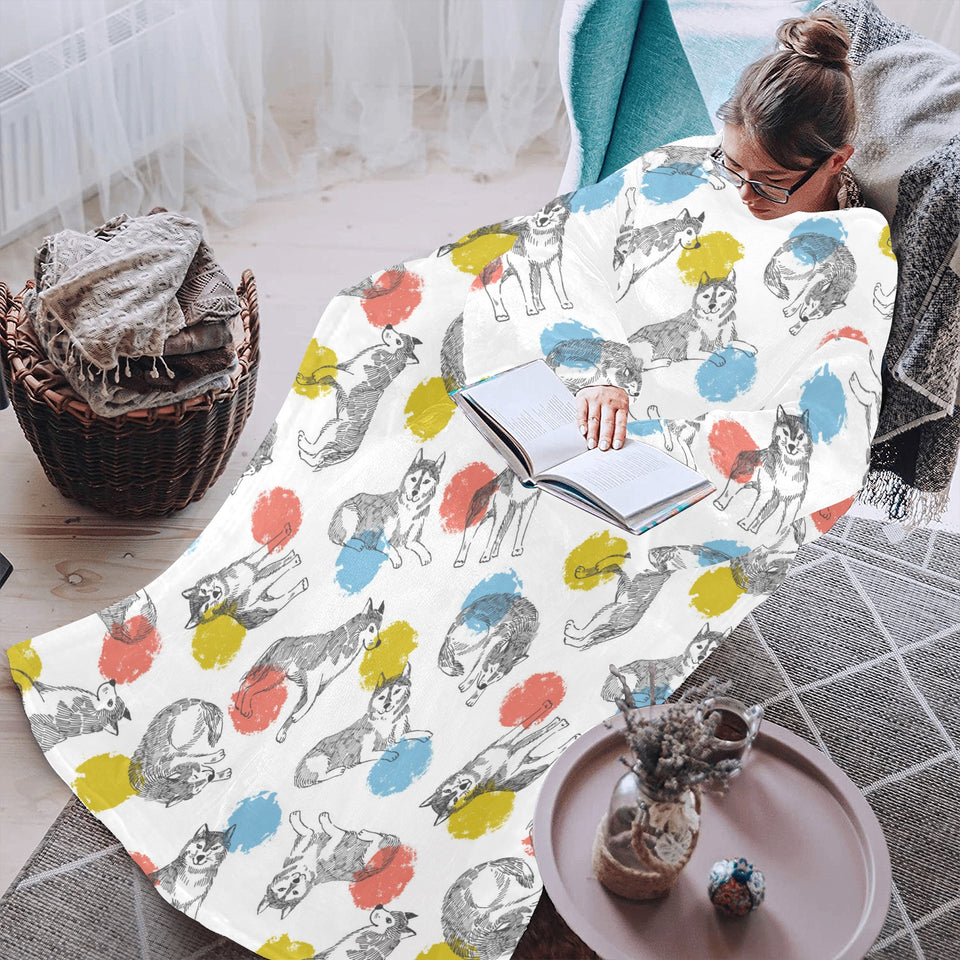 Siberian husky and colorful circle pattern Blanket Robe with Sleeves