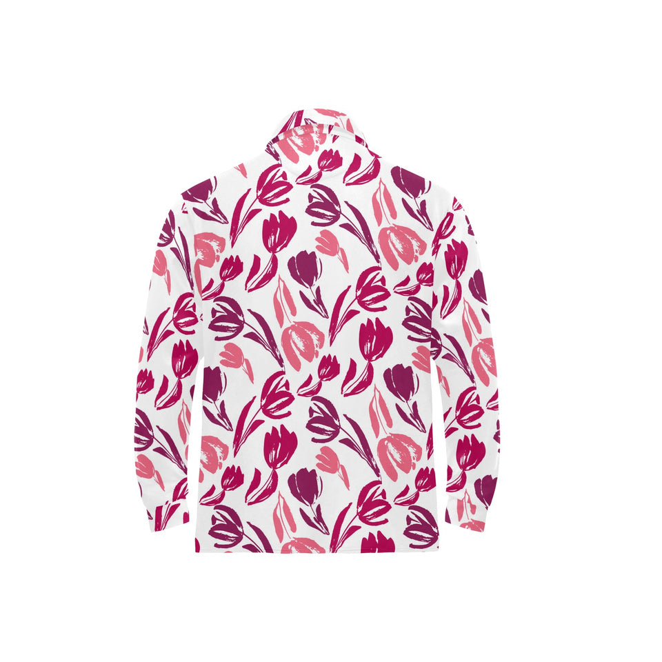 pink sketch tulip pattern Men's Long Sleeve Polo Shirt