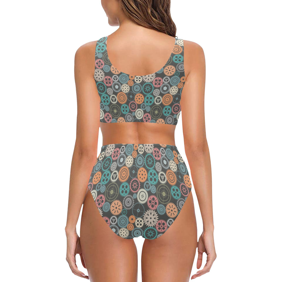 Gear Pattern Print Design 05 Chest Bowknot High Waisted Bikini Swimsuit