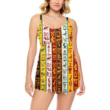 Egypt Hieroglyphics Pattern Print Design 01 Chest Sexy Pleated Two Piece Swim Dress