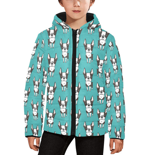 Hand drawn boston terrier dog pattern Kids' Boys' Girls' Padded Hooded Jacket
