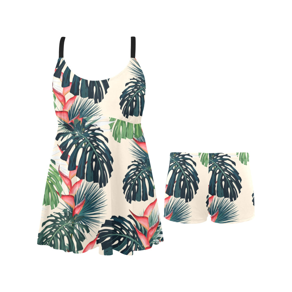 heliconia flowers, palm and monstera leaves Chest Sexy Pleated Two Piece Swim Dress