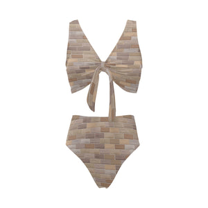 Brick Printed Pattern Print Design 01 Chest Bowknot High Waisted Bikini Swimsuit