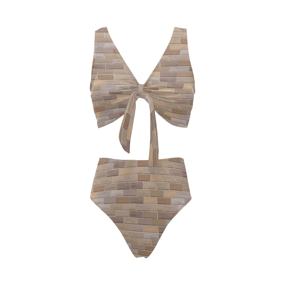 Brick Printed Pattern Print Design 01 Chest Bowknot High Waisted Bikini Swimsuit