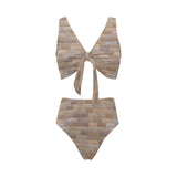 Brick Printed Pattern Print Design 01 Chest Bowknot High Waisted Bikini Swimsuit