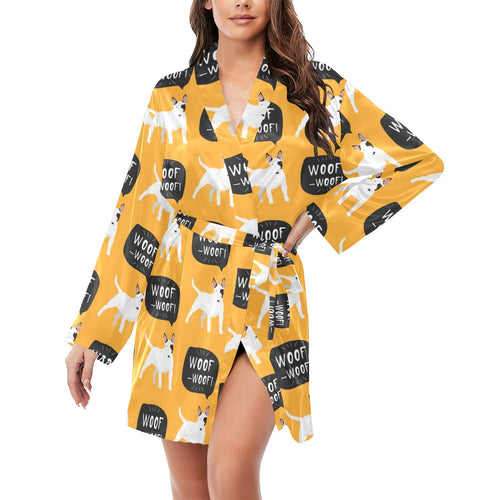 Bull Terrier Pattern Print Design 03 Women's Long Sleeve Belted Night Robe