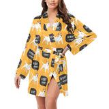Bull Terrier Pattern Print Design 03 Women's Long Sleeve Belted Night Robe