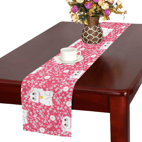 Maneki neko cat sakura pink background Table Runner